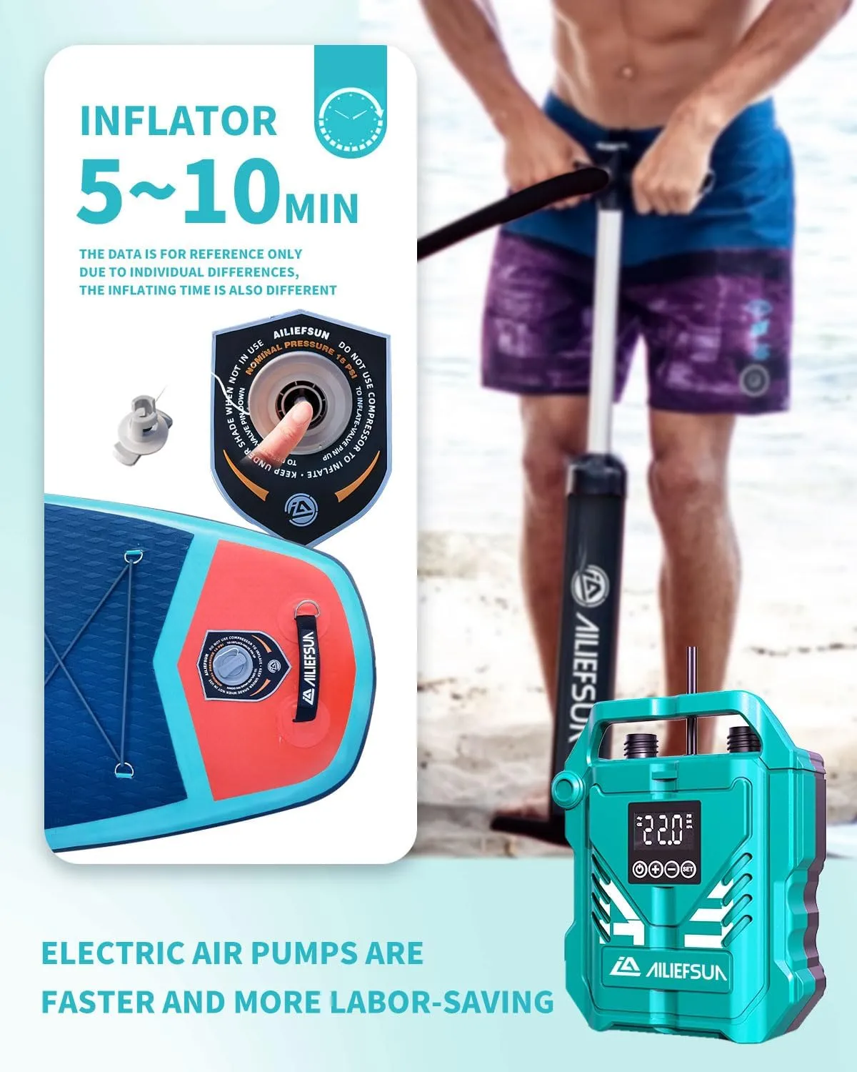 116*35*6 Electric Inflator Pump Stand Up Paddle Board Inflatable Stable Fast Sup Board with Fishing Paddleboards Accessories for Adults Youth Wide Non-Slip Deck Surfboard (Azure Mist)