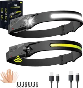 2-Pack Rechargeable LED Headlamp  230 Wide Beam, Motion Sensor, Waterproof, Type-C Charging  Camping Essential, Flashlight & Headlight for Hiking, Running, and Work