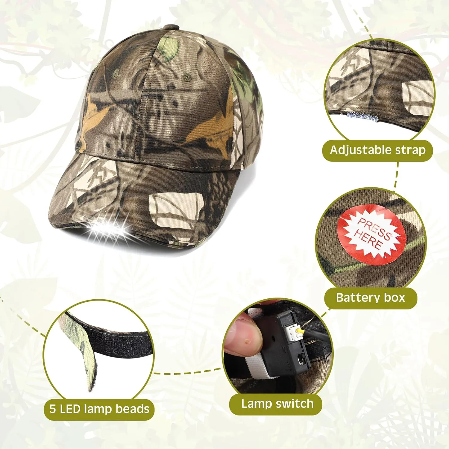 2 Pieces Baseball Cap with Light Hands Free LED Baseball Cap 5 LED Battery Powered Headlamp Hat Flashlight Hat for Fishing Jogging Camping Hand Work
