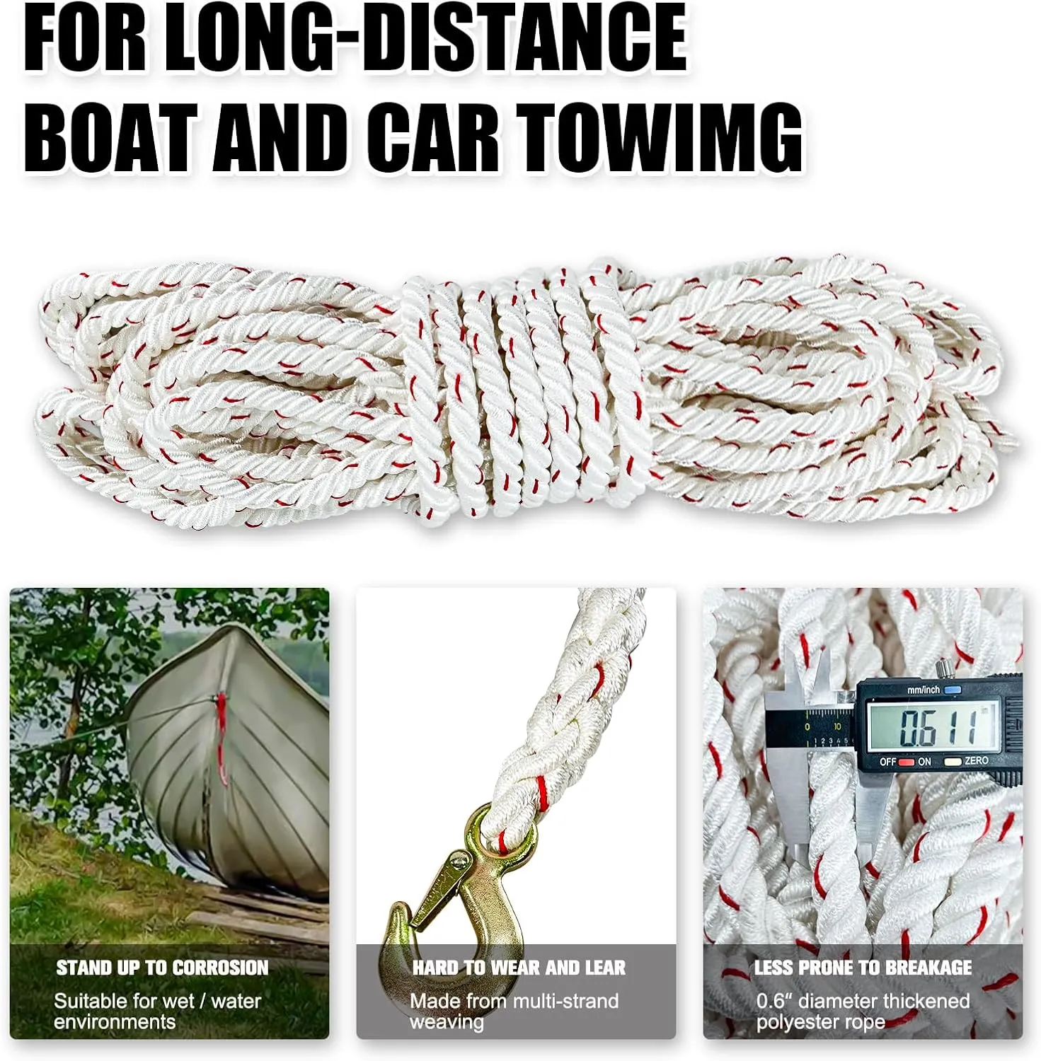 3/4 Ton Rope Puller with 50ft of 0.6in Diameter Rope Come Along Winch 2 Hooks Heavy Duty Ratchet Power Puller Tool for Moving Boats and Trailers