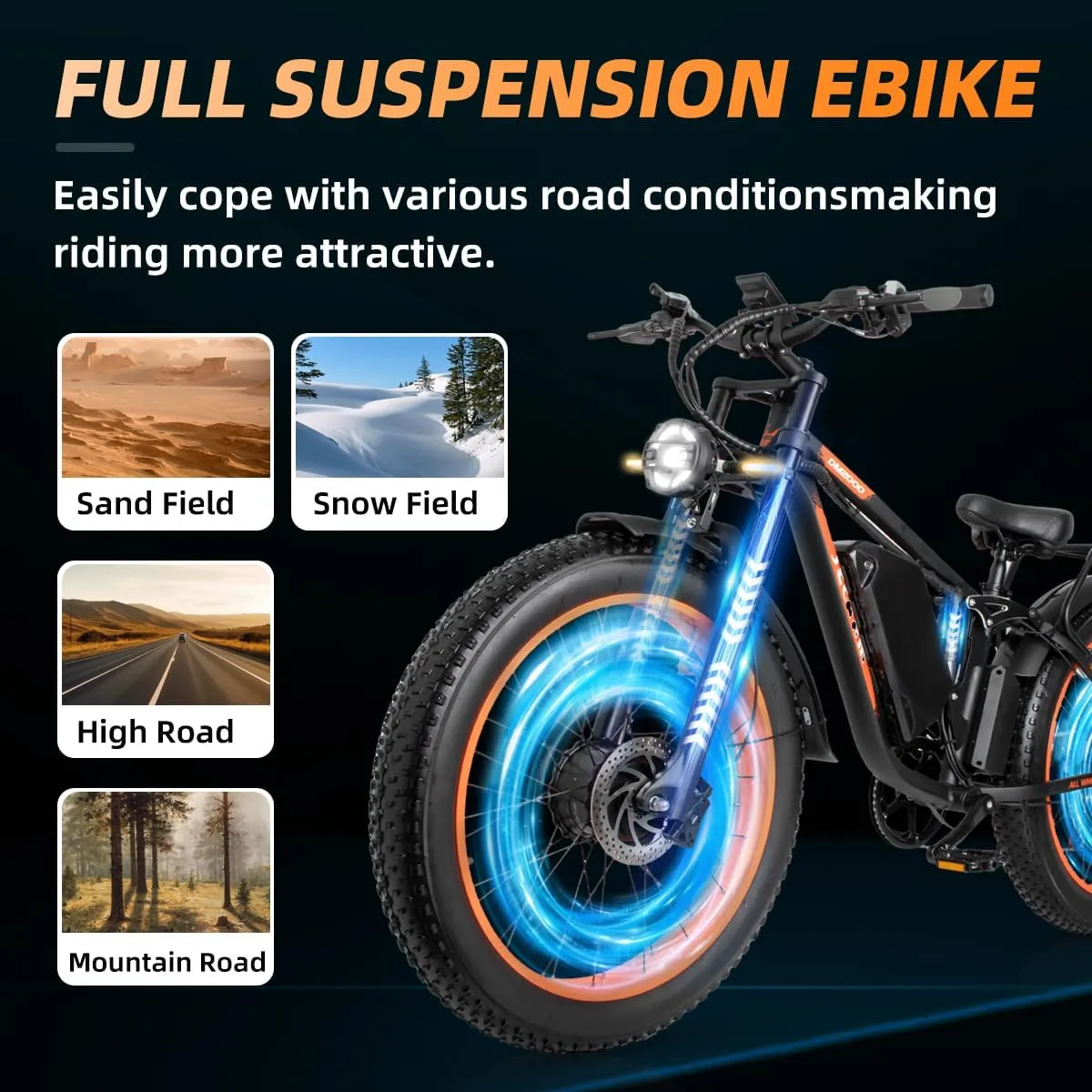 48V/52V 22Ah/32AH Fat Tire E-Bike for Adults: Dual 2000W Motors, 3000W Peak Power! Full Suspension High Speed Electric Bicycle, Reaching 35MPH