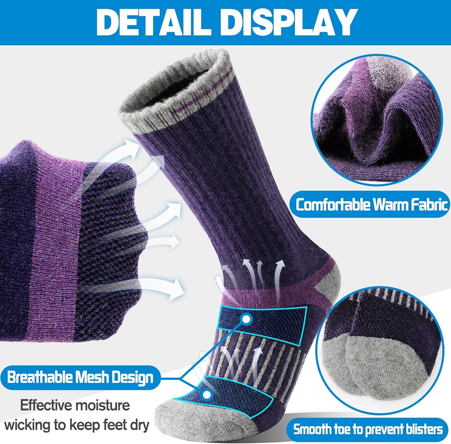 5 Pairs Merino Wool Hiking Socks Warm Thermal Winter Cozy Cushioned Moisture Wicking Socks for Women & Men