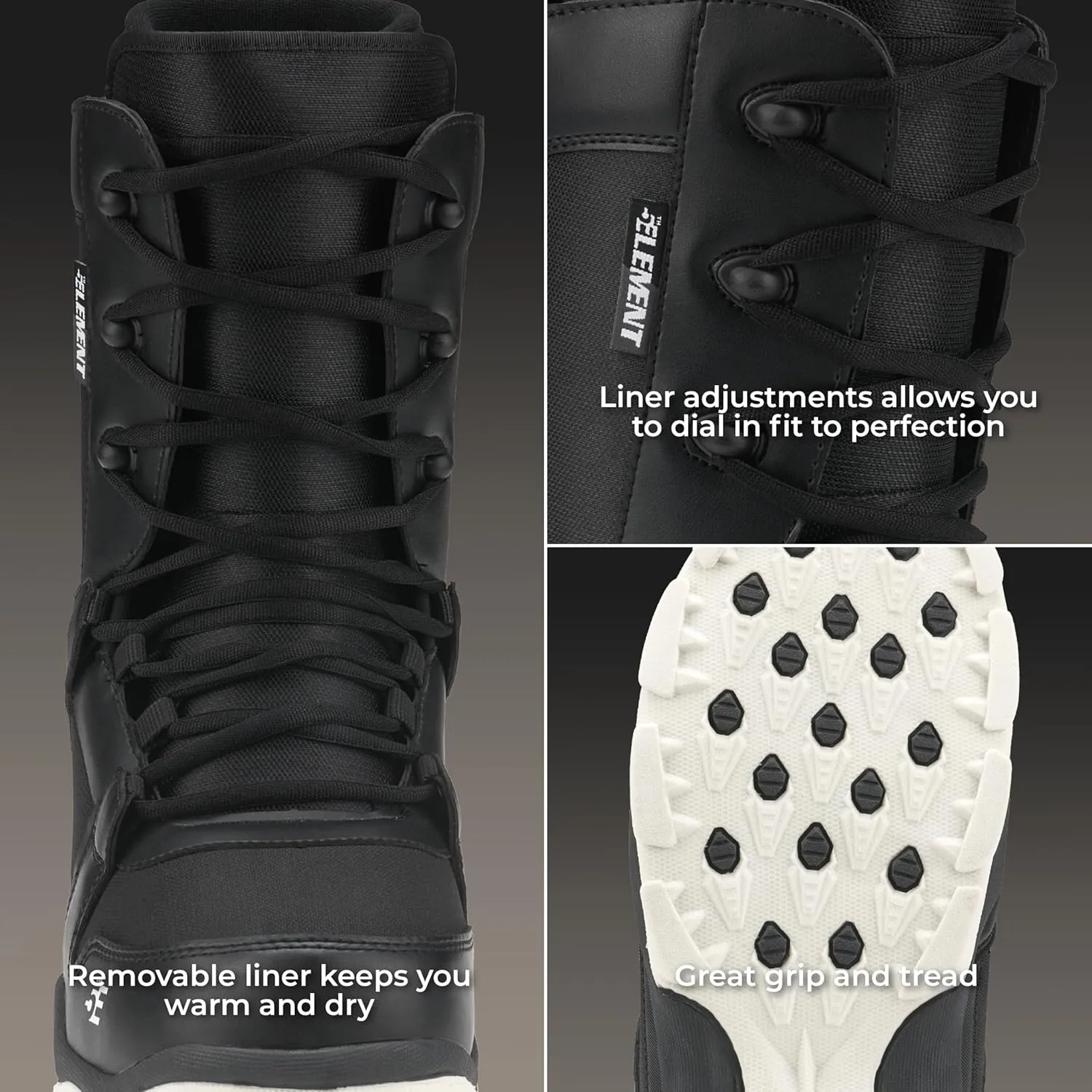 5th Element ST Lace and Dial Snowboard Boots for Men - Black Compatible with Strap Snowboard Bindings- Waterproof Liners -All Mountain Snowboarding Men Size