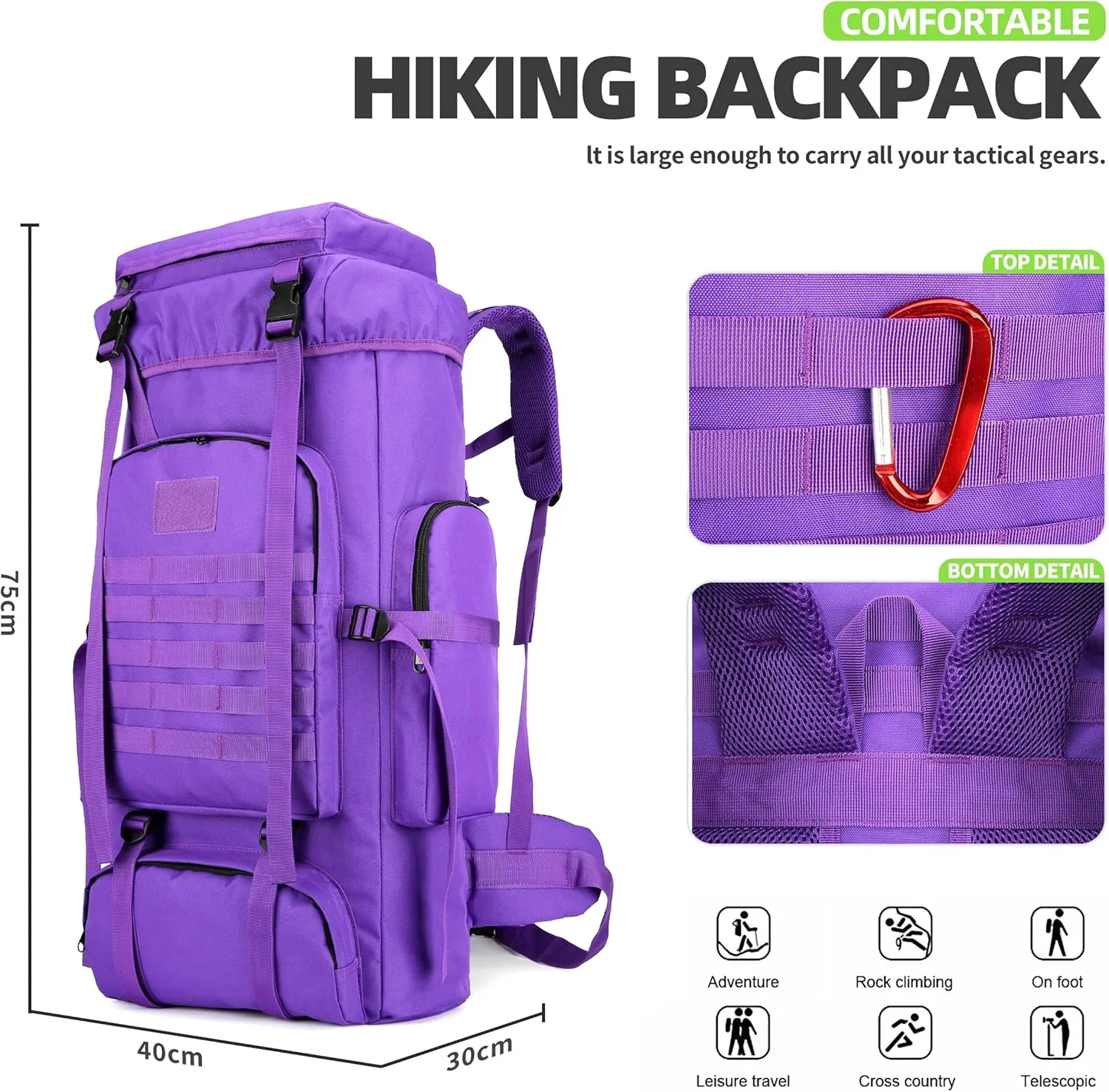 70L Hiking Backpacks Men Women Molle Army Assault Pack Tactical Bag Rucksack