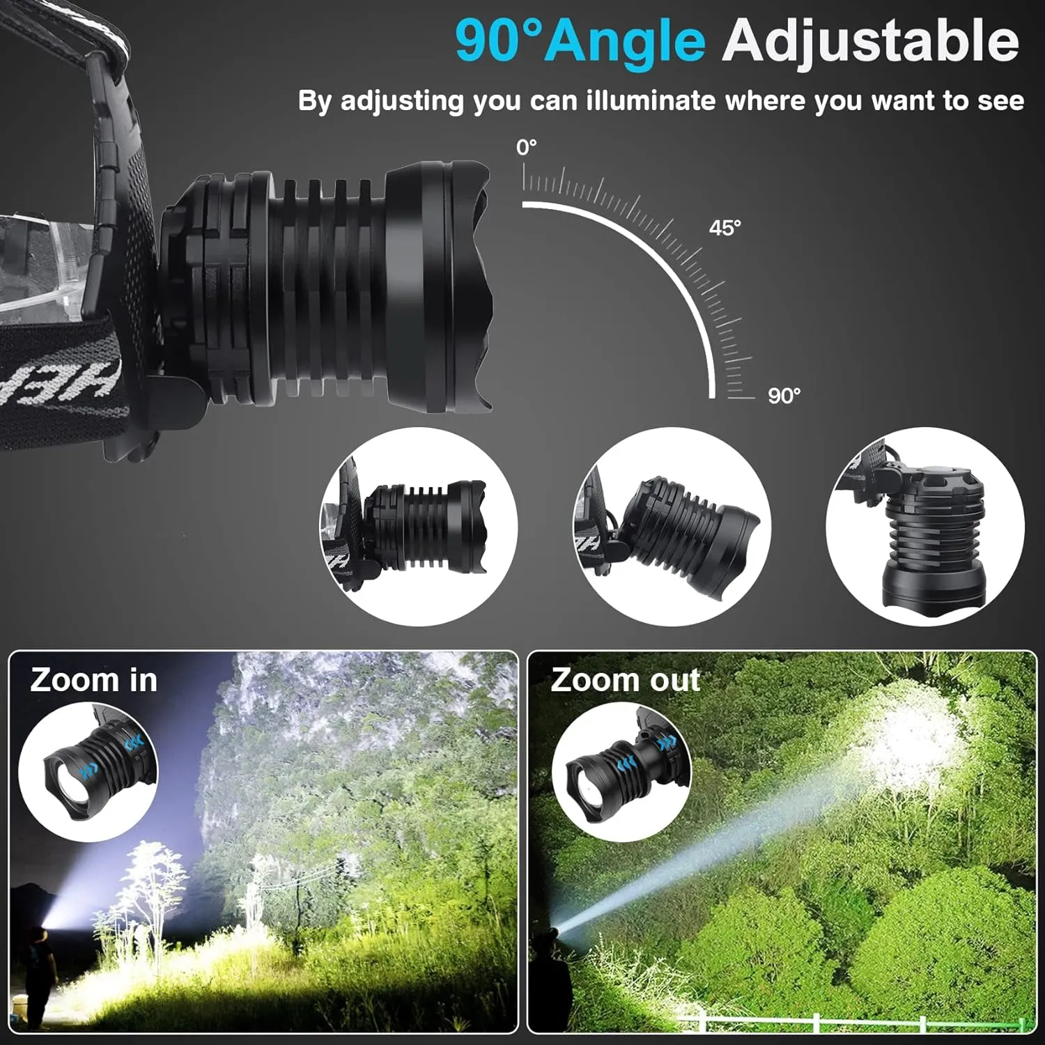 BUD K LED Headlamp USB Rechargeable, Head Lamp XHP70 Super Bright 6000 High Lumen with 5 Modes, Batteries Included, Zoomable, Waterproof Headlight for Camping Hunting Running Fishing Biking
