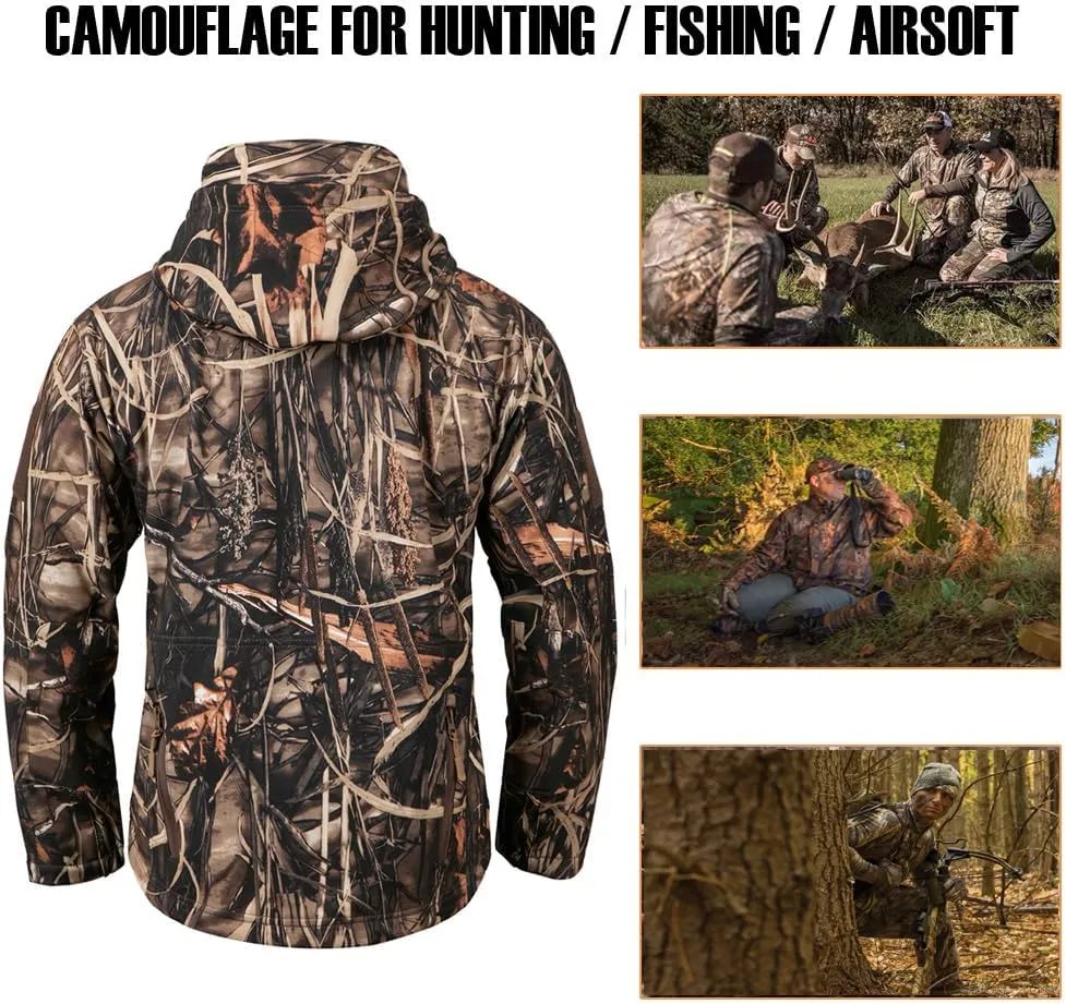 CARWORNIC Men's Camo Quiet Hunting Jacket Waterproof Softshell Fleece Lined Camouflage Outdoor Hiking Fishing Coat