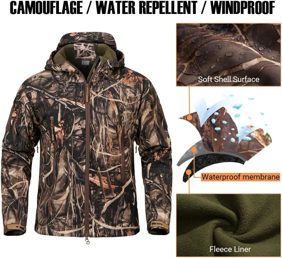 CARWORNIC Men's Camo Quiet Hunting Jacket Waterproof Softshell Fleece Lined Camouflage Outdoor Hiking Fishing Coat