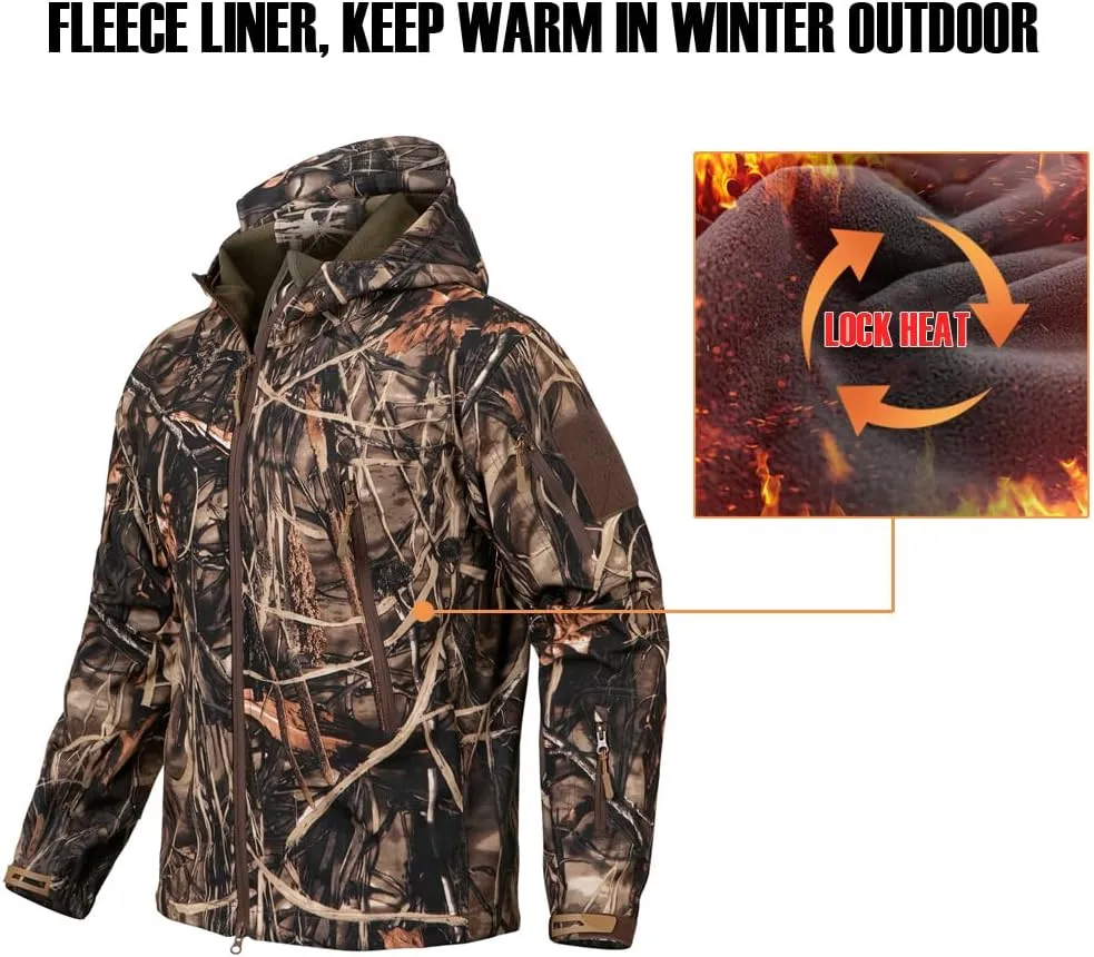 CARWORNIC Men's Camo Quiet Hunting Jacket Waterproof Softshell Fleece Lined Camouflage Outdoor Hiking Fishing Coat