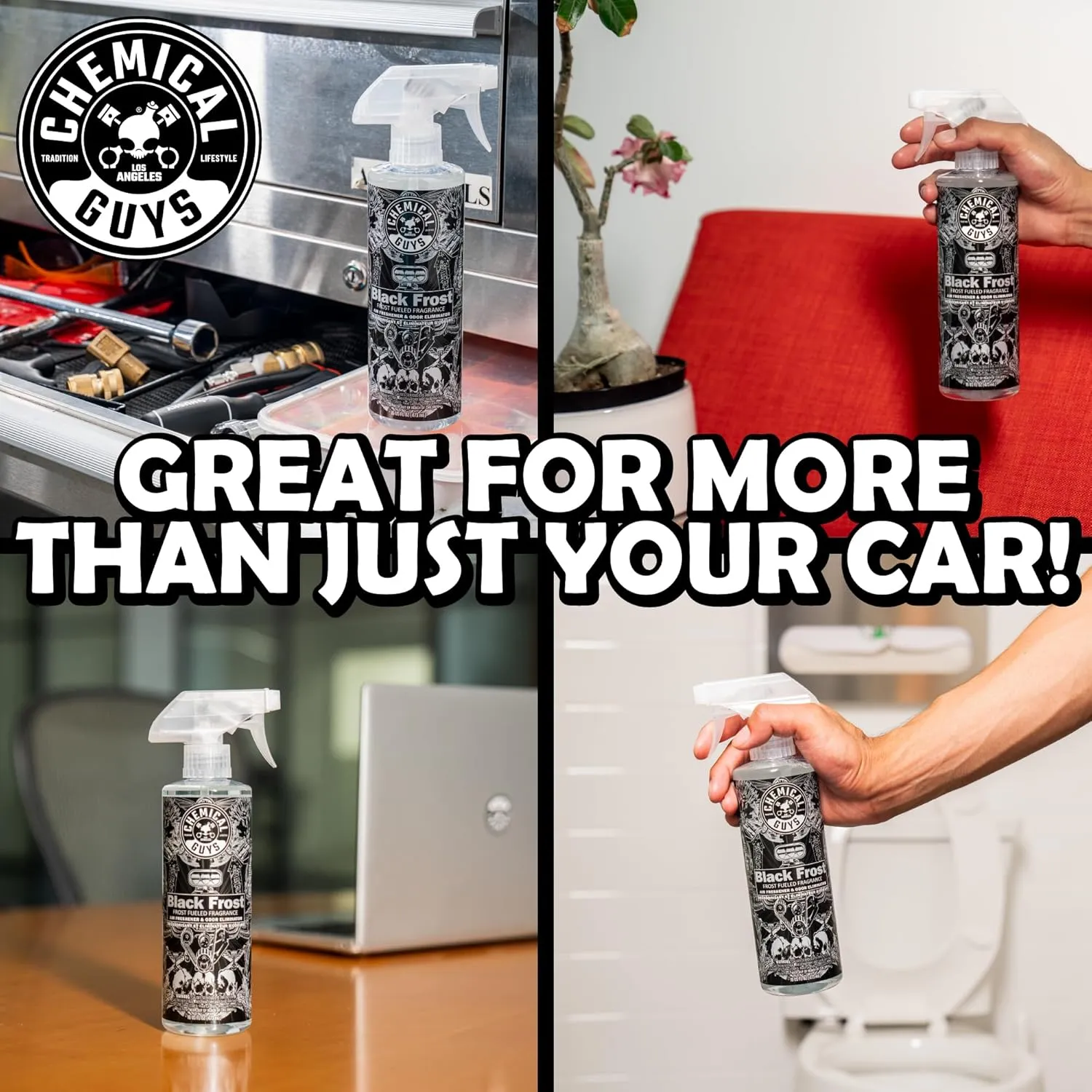 Chemical Guys AIR_224_16 Black Frost Air Freshener and Odor Eliminator, (Great for Cars, Trucks, SUVs, RVs, Home, Office, Dorm Room & More) 16 fl oz