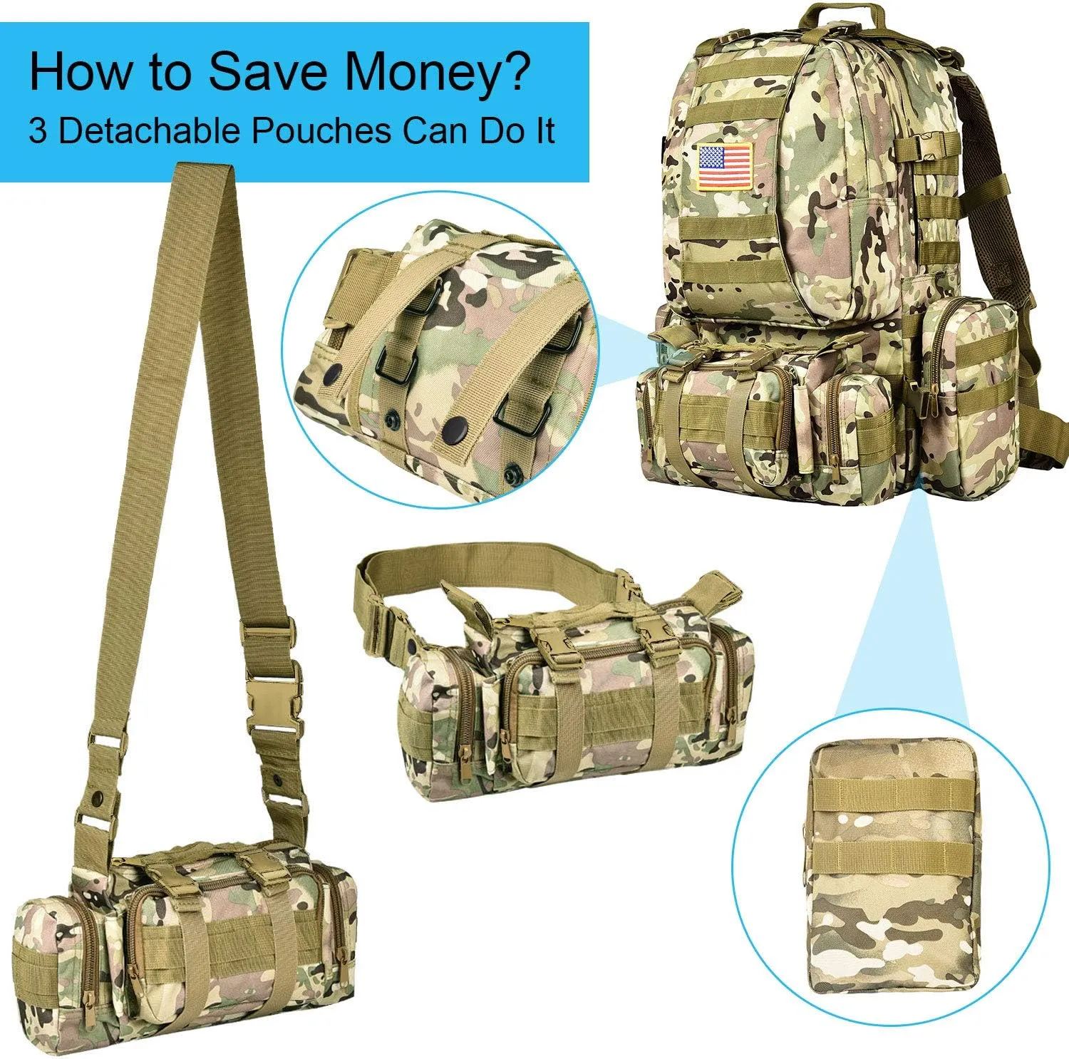 CVLIFE Tactical Backpack Military Army Rucksack 60L Large Assault Pack Detachable Molle Bag
