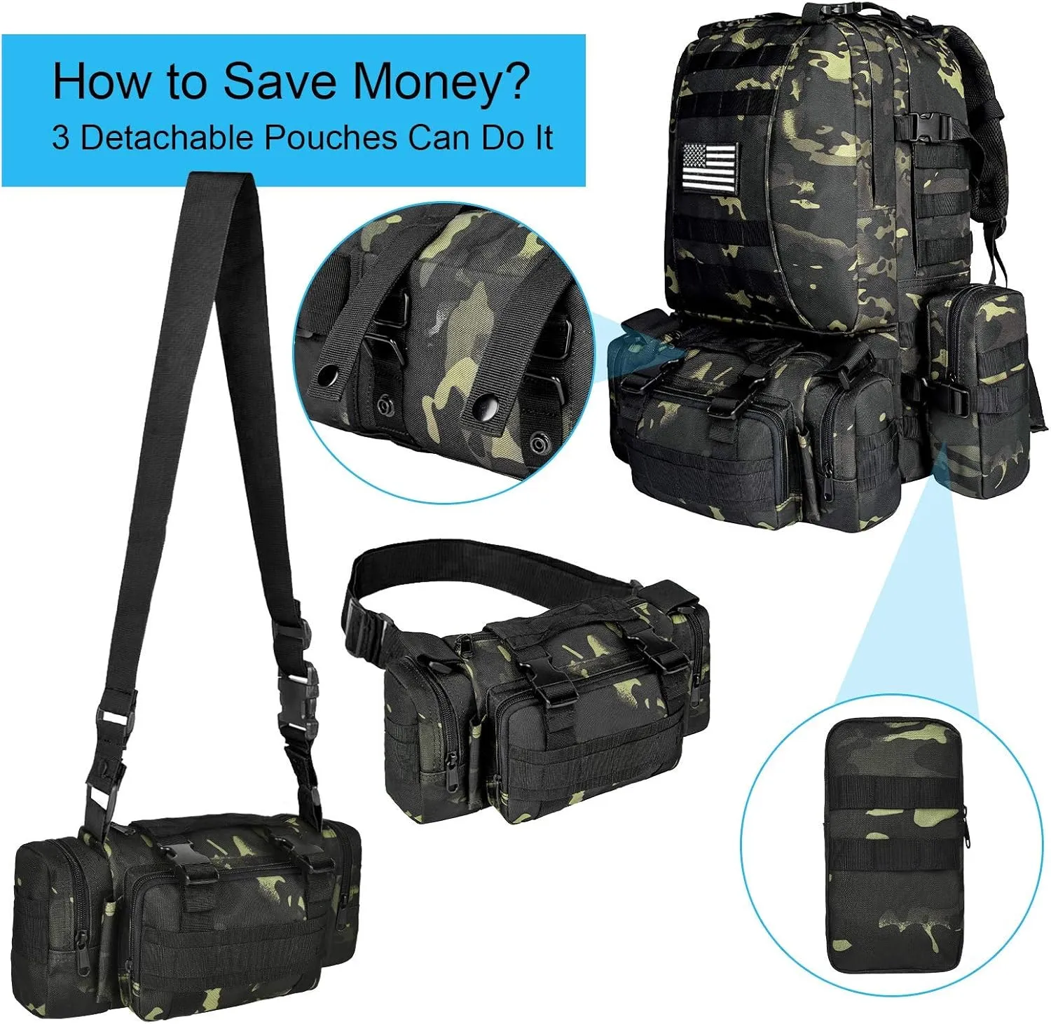 CVLIFE Tactical Backpack Military Army Rucksack 60L Large Assault Pack Detachable Molle Bag