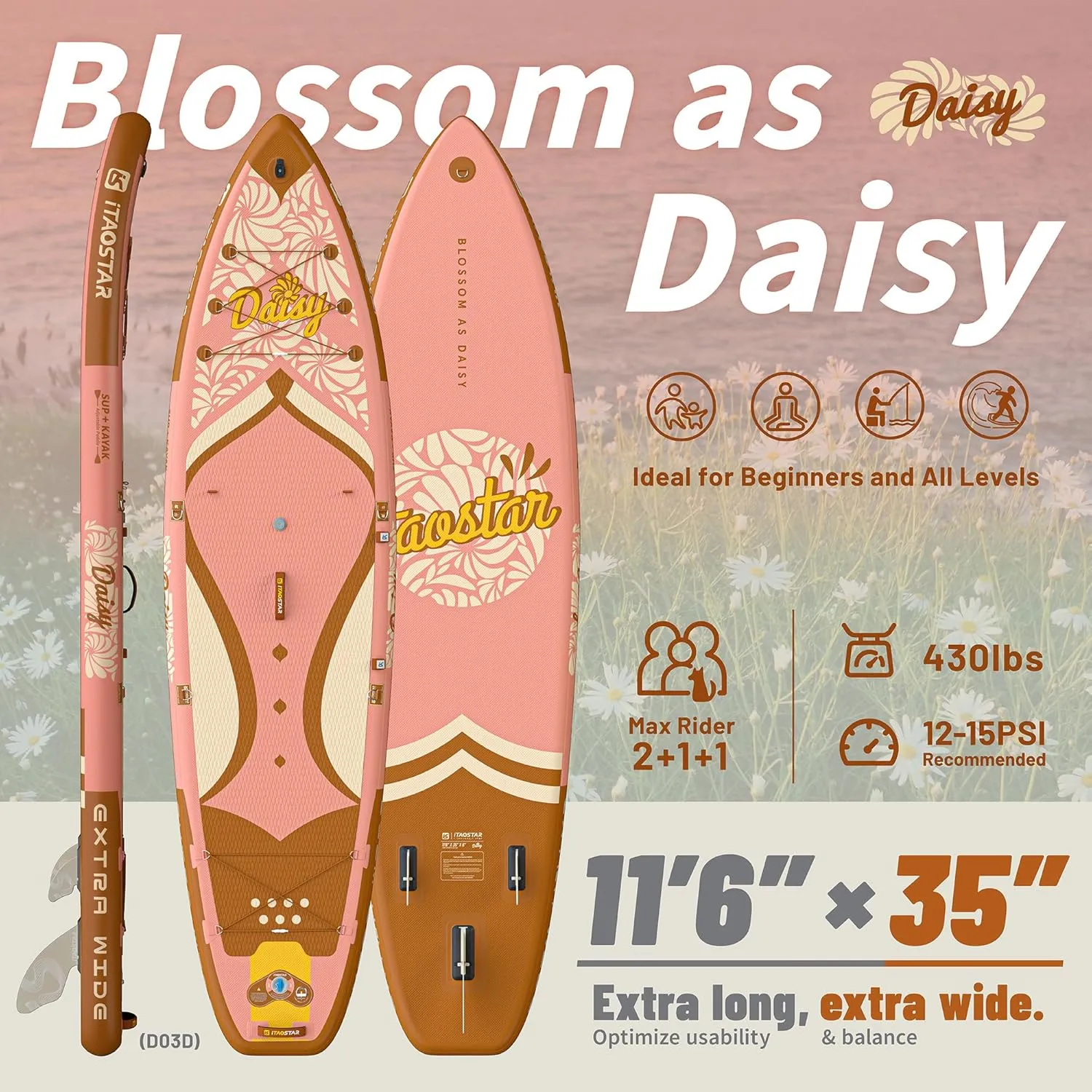 Daisy 11'634" / 35 Extra Wide Paddle Board with Seat, One-Stop Premium SUP Board Accessories, Tailored 5 Fins, Stable Stand Up Paddle Boards for Youth of All Skill Levels