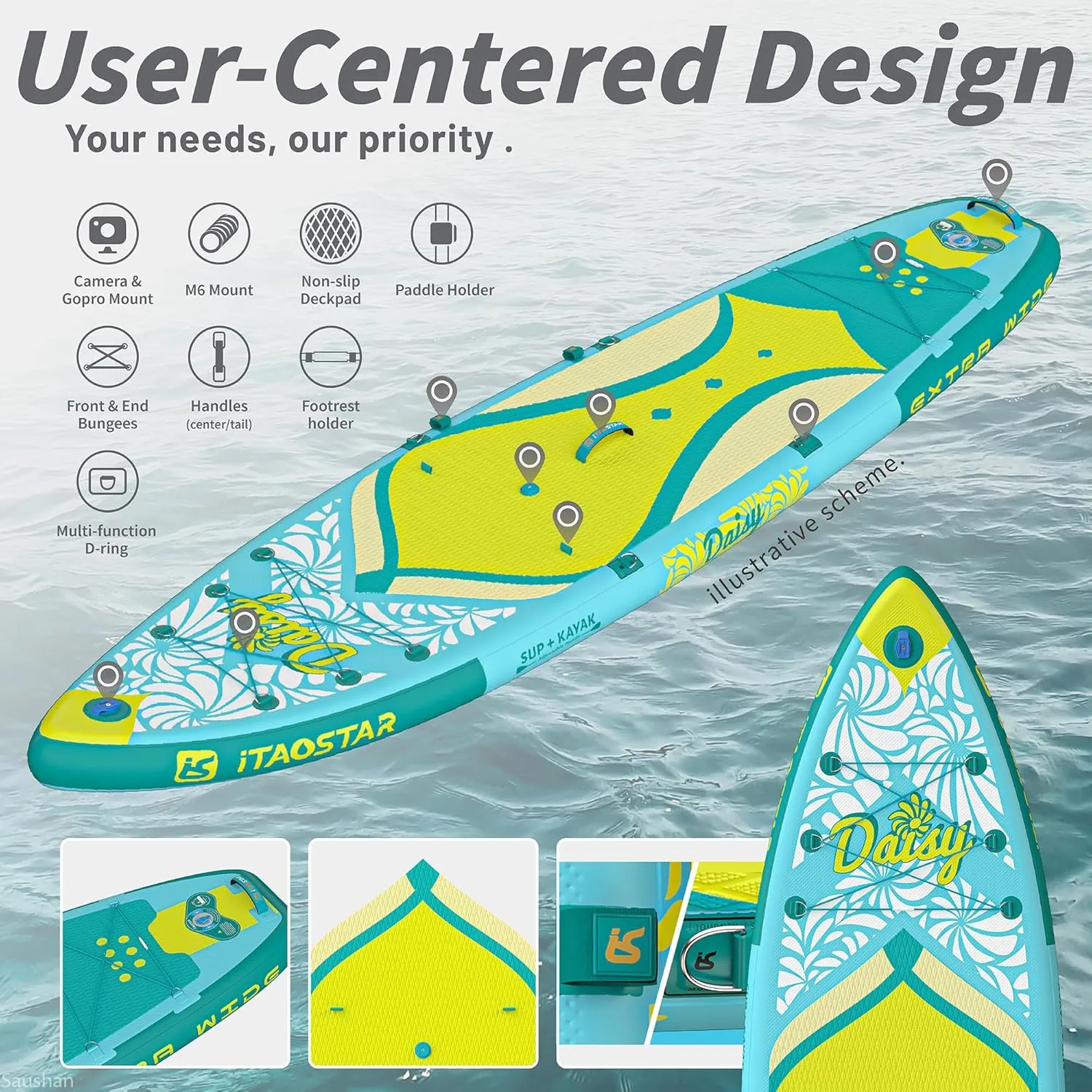 Daisy 11'634" / 35 Extra Wide Paddle Board with Seat, One-Stop Premium SUP Board Accessories, Tailored 5 Fins, Stable Stand Up Paddle Boards for Youth of All Skill Levels
