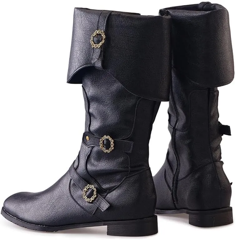 DUNHAO COS Men's Faux Leather Medieval Boots Viking Pirate Costume Boots Renaissance Faire Cosplay Shoes