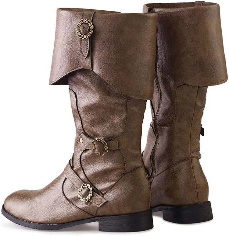 DUNHAO COS Men's Faux Leather Medieval Boots Viking Pirate Costume Boots Renaissance Faire Cosplay Shoes