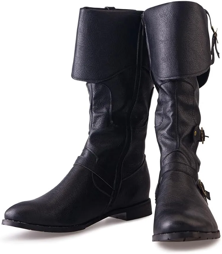 DUNHAO COS Men's Faux Leather Medieval Boots Viking Pirate Costume Boots Renaissance Faire Cosplay Shoes