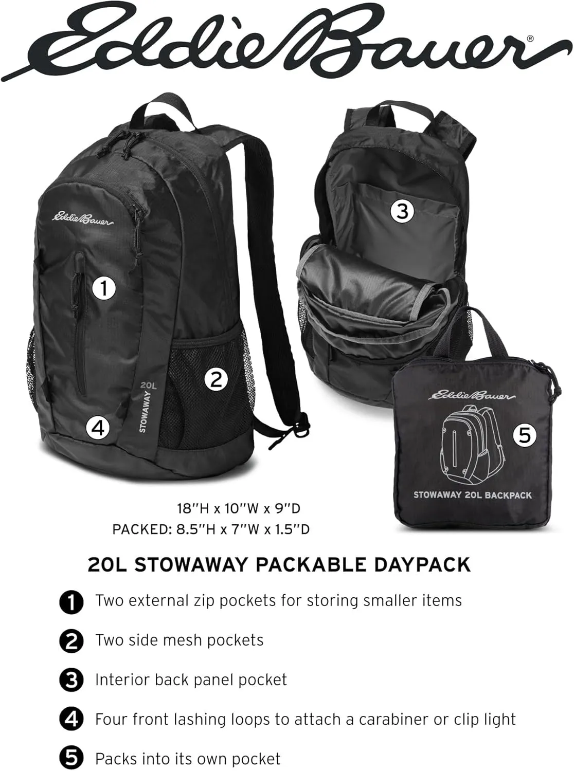Eddie Bauer Stowaway Packable Backpack-Made from Ripstop Polyester, Port, 20L