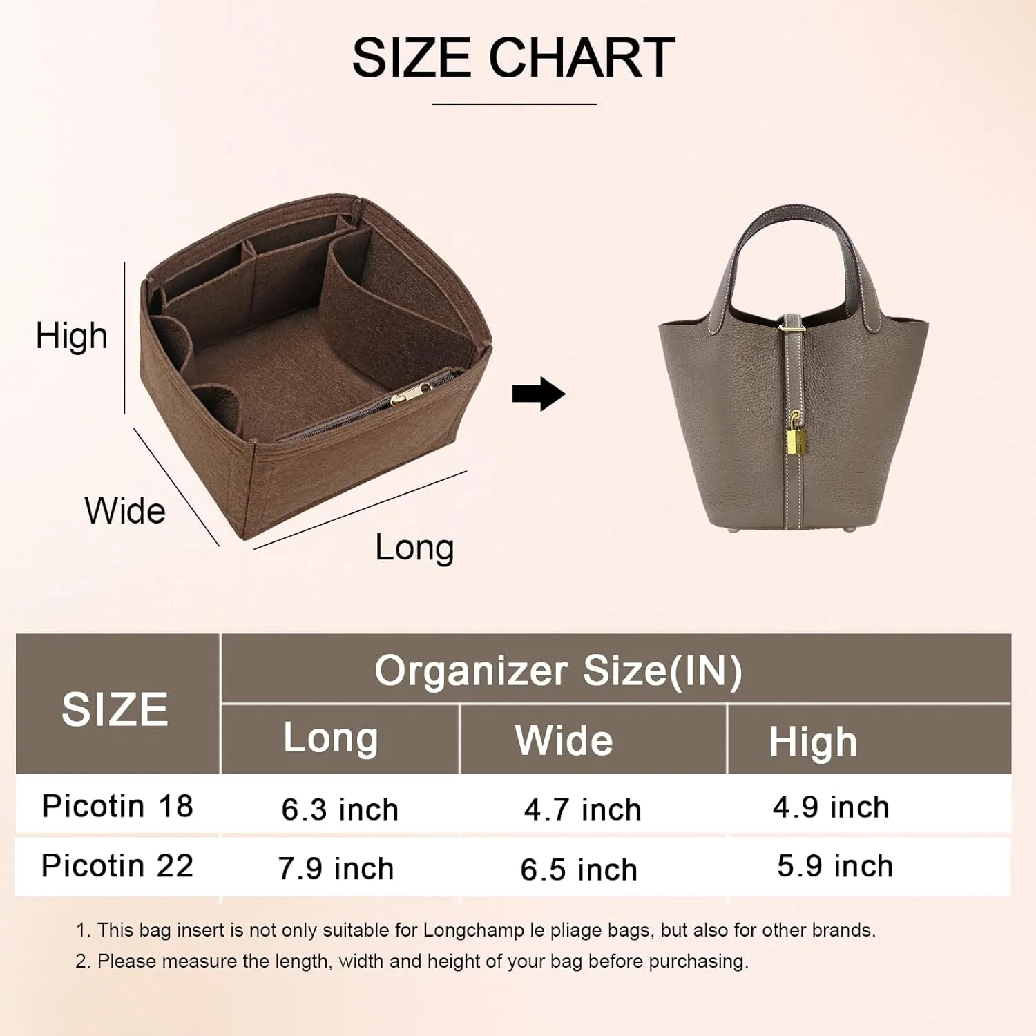 Felt Purse Organizer Inserts for Picotin 18 Inserts HandBag (Brown, PC18)