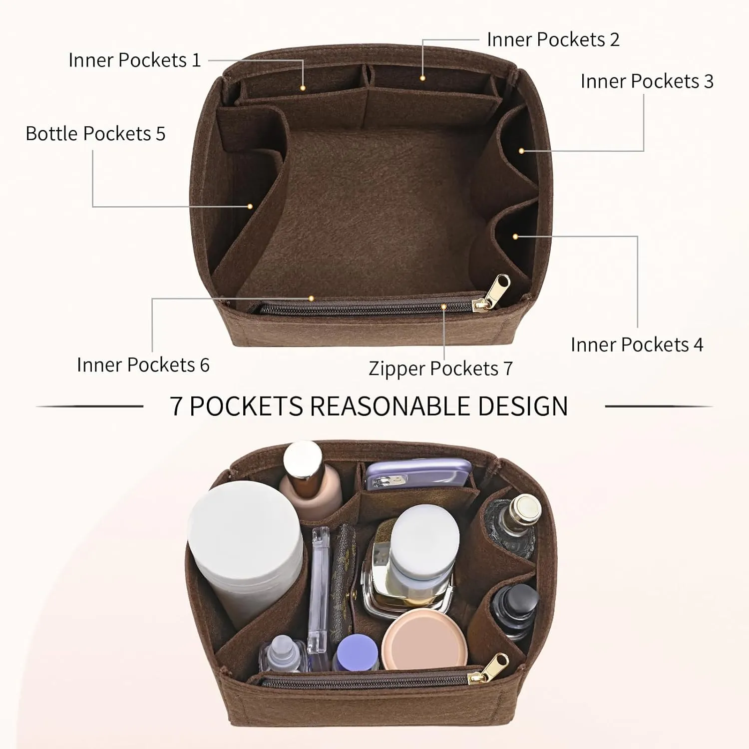 Felt Purse Organizer Inserts for Picotin 18 Inserts HandBag (Brown, PC18)
