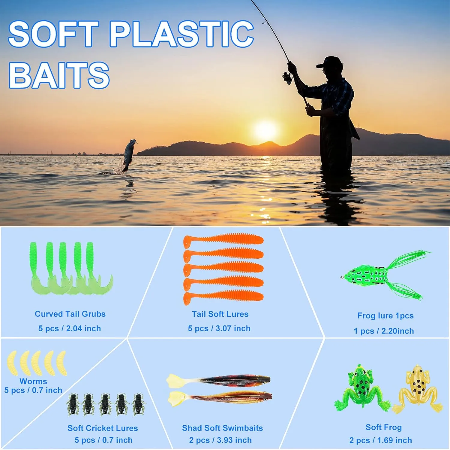 Fishing Lures Tackle Box Bass Kit, Including Animated Lure,Crankbaits,Spinnerbaits,Soft Plastic Worms, Topwater Lures,Hooks,Saltwater & Freshwater Fishing Gear for Bass,Trout, Salmon.