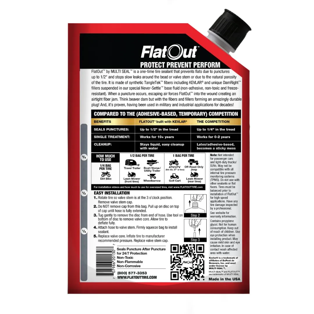 FlatOut Off-Road Multi-Purpose Tire Sealant - Prevents and Repairs Flat Tires - Seals Leaks - Contains Kevlar - Tubeless Tire Sealant - 32-Ounce Bag - Pack of 1