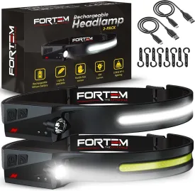 FORTEM Headlamp Rechargeable 2-Pack, 230 Wide Beam LED Head Lamp w/Motion Sensor, 6 Modes for Mechanic, 350 Lumen Hardhat Flashlight, Waterproof Headlight for Camping, Running, Hiking, Cycling