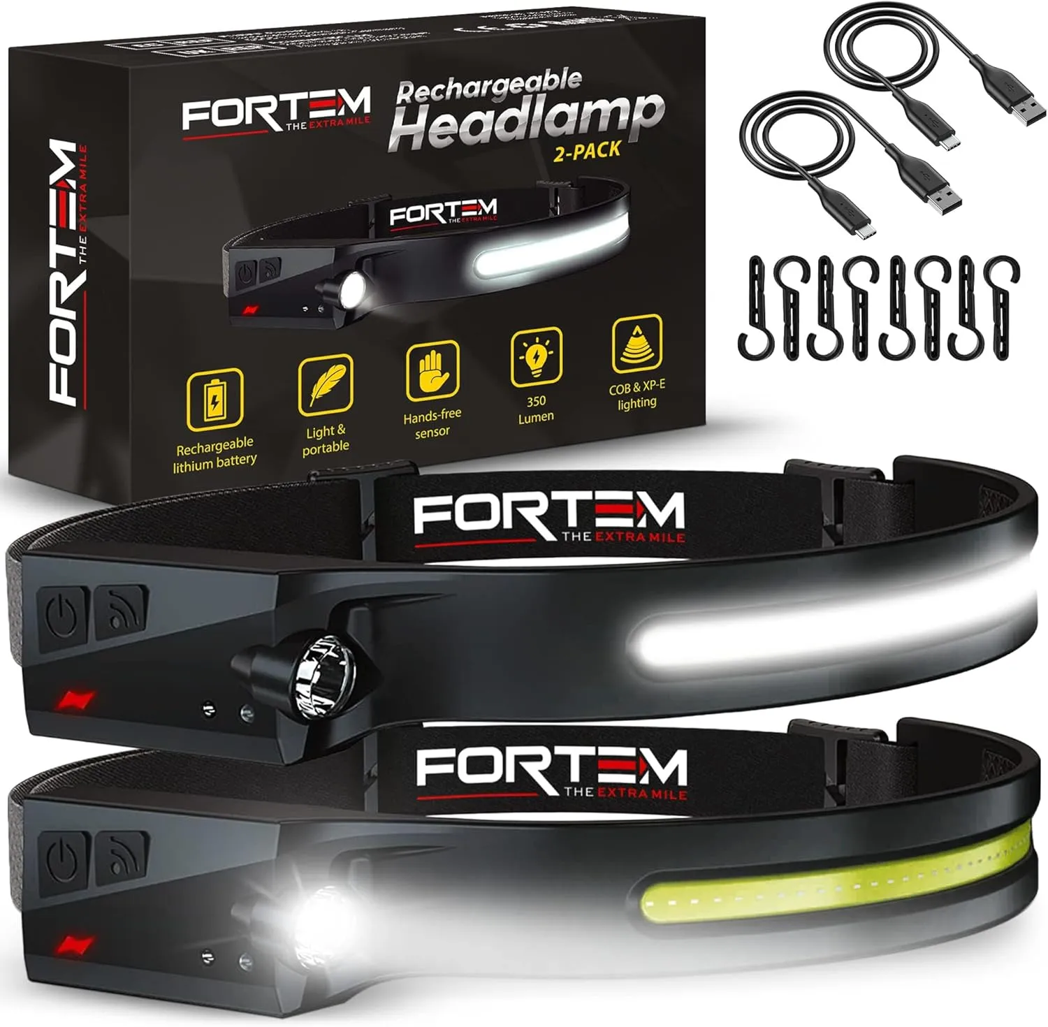 FORTEM Headlamp Rechargeable 2-Pack, 230 Wide Beam LED Head Lamp w/Motion Sensor, 6 Modes for Mechanic, 350 Lumen Hardhat Flashlight, Waterproof Headlight for Camping, Running, Hiking, Cycling