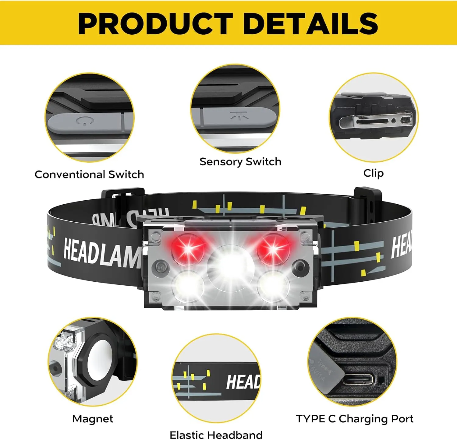 Headlamp LED Rechargeable (2 PCS), Head Lamp with Motion Sensor, 6 Modes Waterproof Head Light Flashlight for Hiking, Running, Repairing, Fishing, Cycling