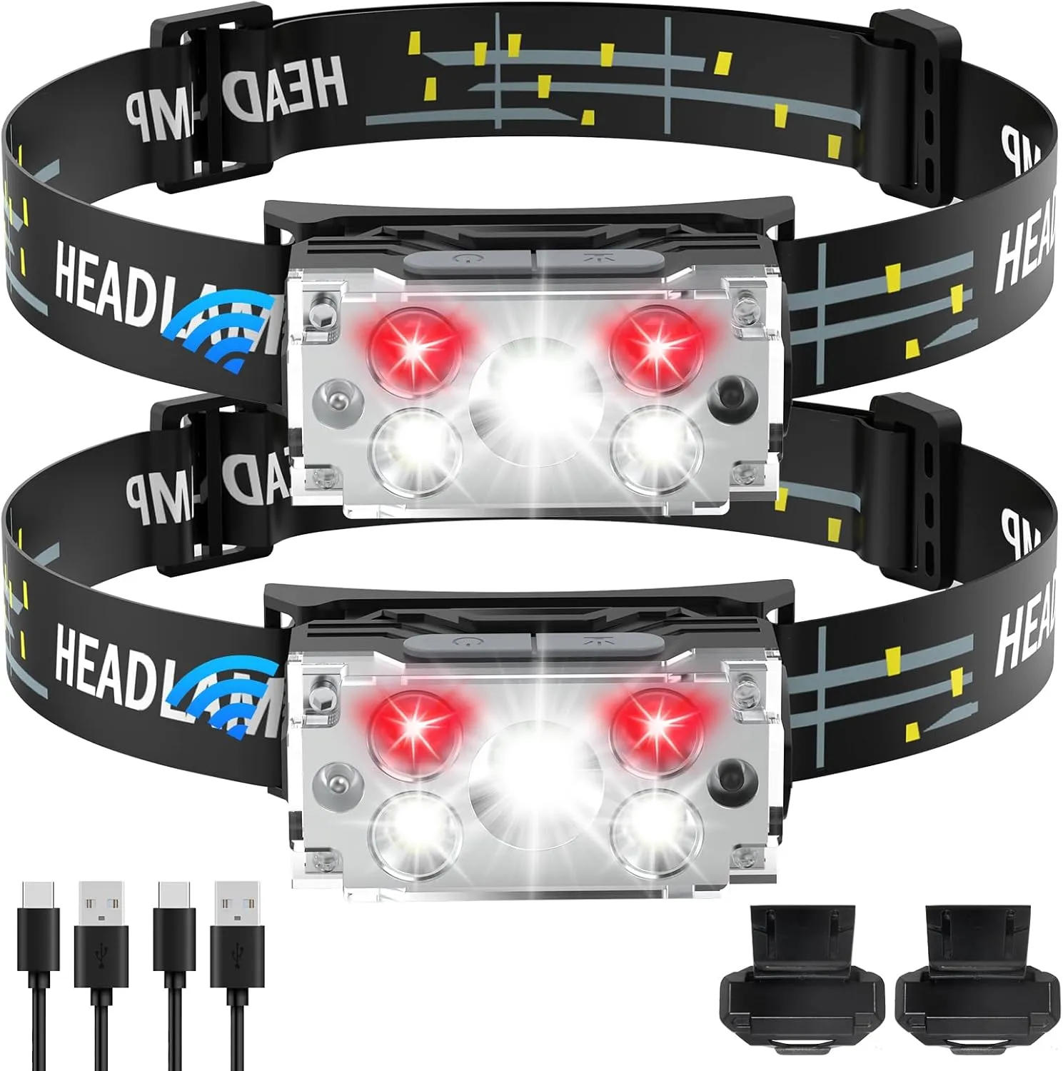 Headlamp LED Rechargeable (2 PCS), Head Lamp with Motion Sensor, 6 Modes Waterproof Head Light Flashlight for Hiking, Running, Repairing, Fishing, Cycling