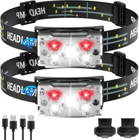 Headlamp LED Rechargeable (2 PCS), Head Lamp with Motion Sensor, 6 Modes Waterproof Head Light Flashlight for Hiking, Running, Repairing, Fishing, Cycling