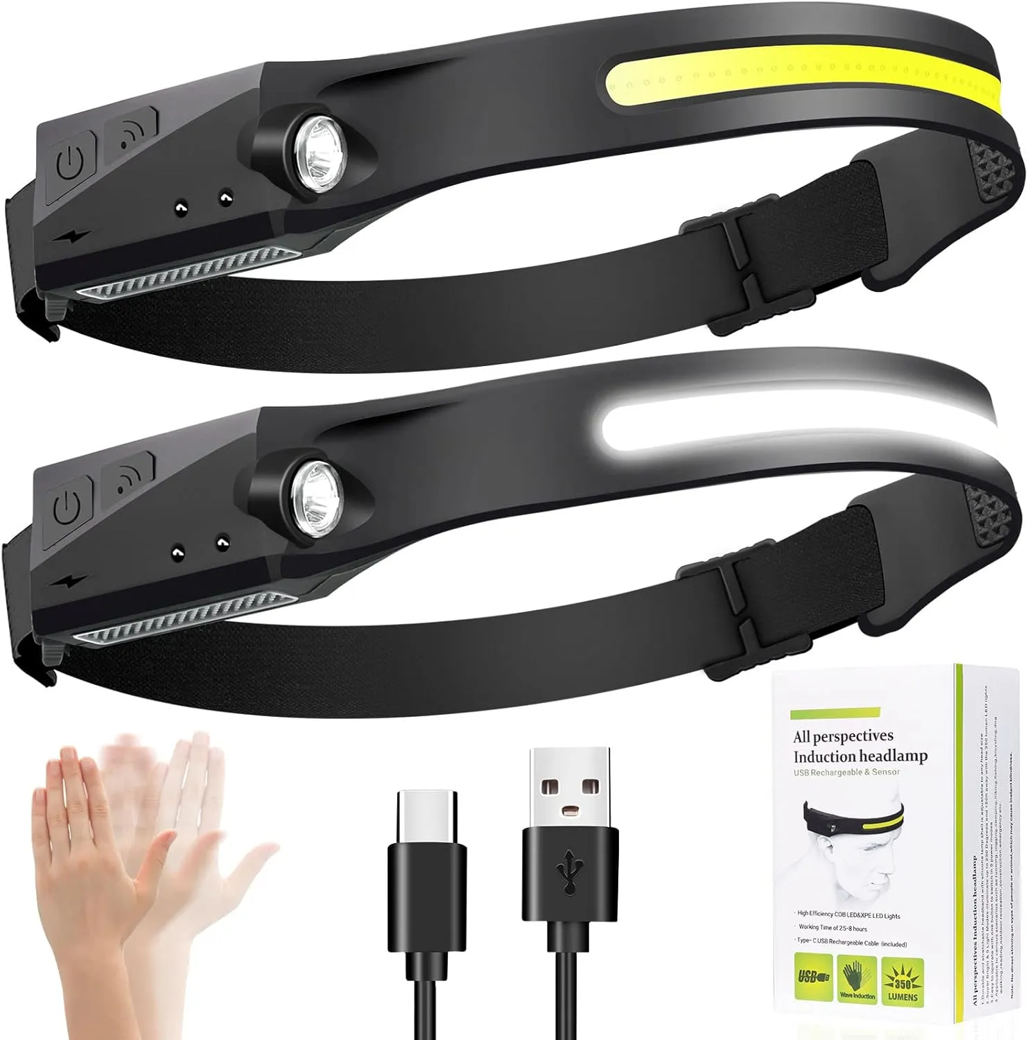 Headlamp Rechargeable 2Pack, Rechargeable LED Headlamp230 Wide Beam,with Motion Sensor5Brightness Modes, IPX6 Waterproof, High Lumen Headlight for Running,Repairing, Camping, Hiking, Fishing