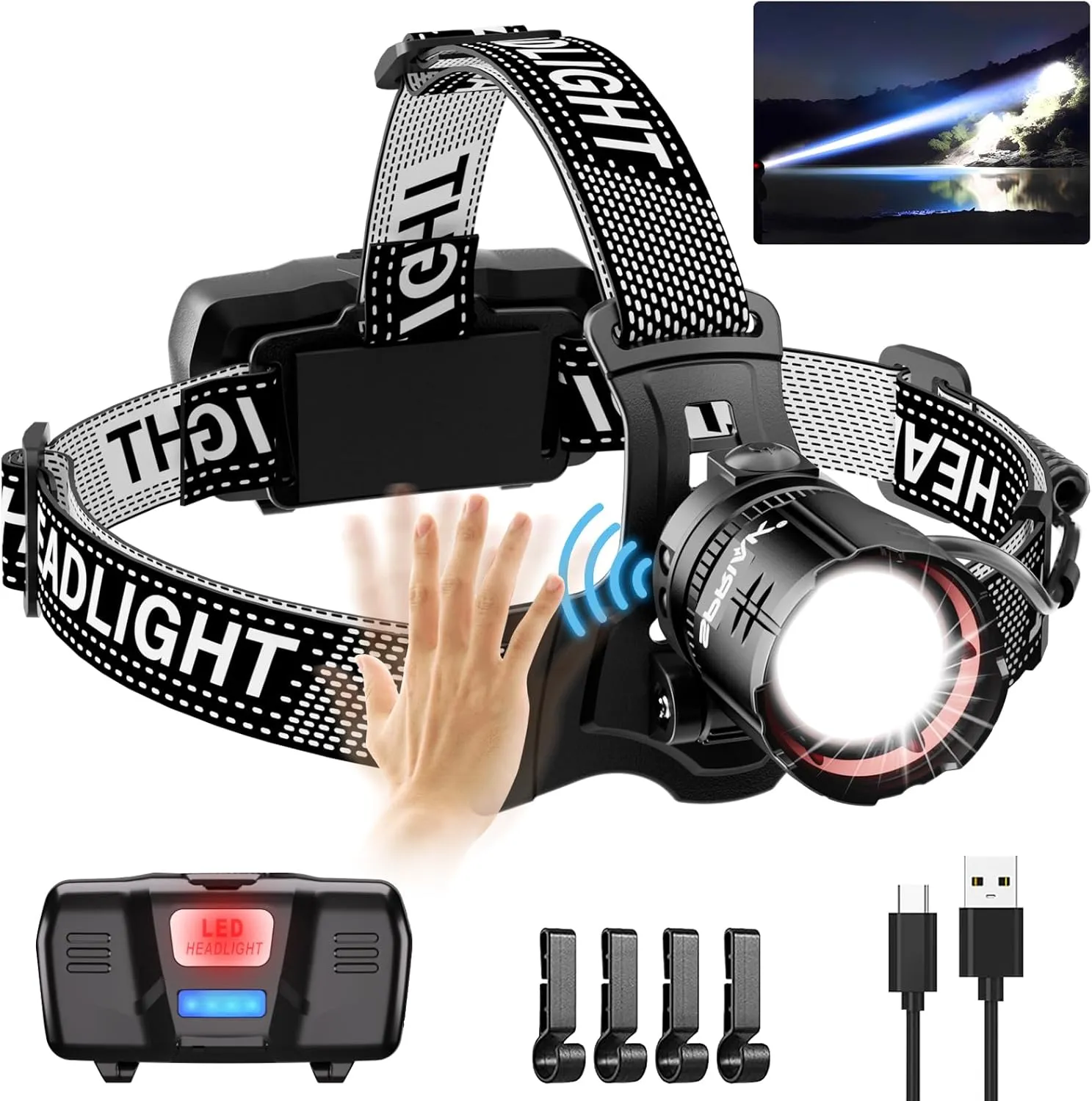 High Lumens LED Headlamp& 100H Using Time, USB Rechargeable Head lamp, 90 Adjustable Widebeam Motion Sensor Head Light with 5 Modes,Zoomable for Camping Running Hiking, Hard Hat Headlamps 1pc
