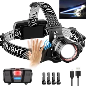 High Lumens LED Headlamp& 100H Using Time, USB Rechargeable Head lamp, 90 Adjustable Widebeam Motion Sensor Head Light with 5 Modes,Zoomable for Camping Running Hiking, Hard Hat Headlamps 1pc