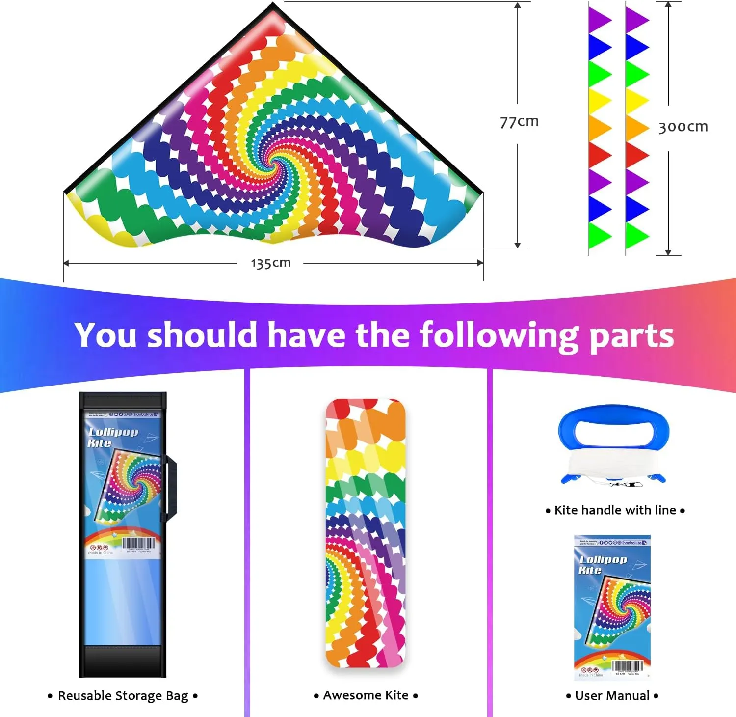 HONBO Large Delta Kite for Kids & Adults,Extremely Easy to Fly Kite for Beach Trip,String Line Included,with Colorful Tail,Perfect for Beginners