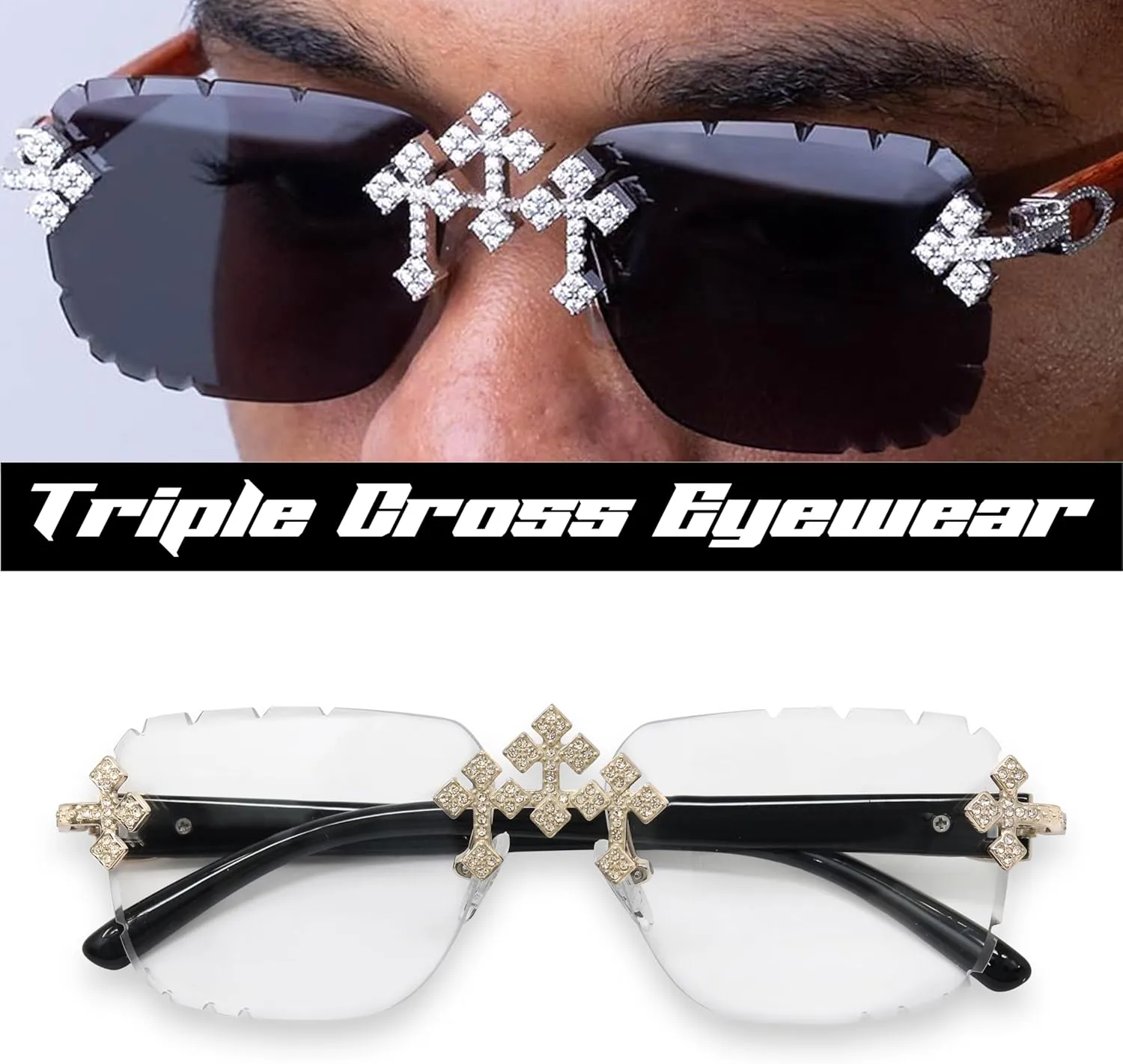 ICE STAR Triple Cross Iced-Out Sunglasses  Frameless Design Shades for Men & Women, Hip-Hop Fashion Eyewear