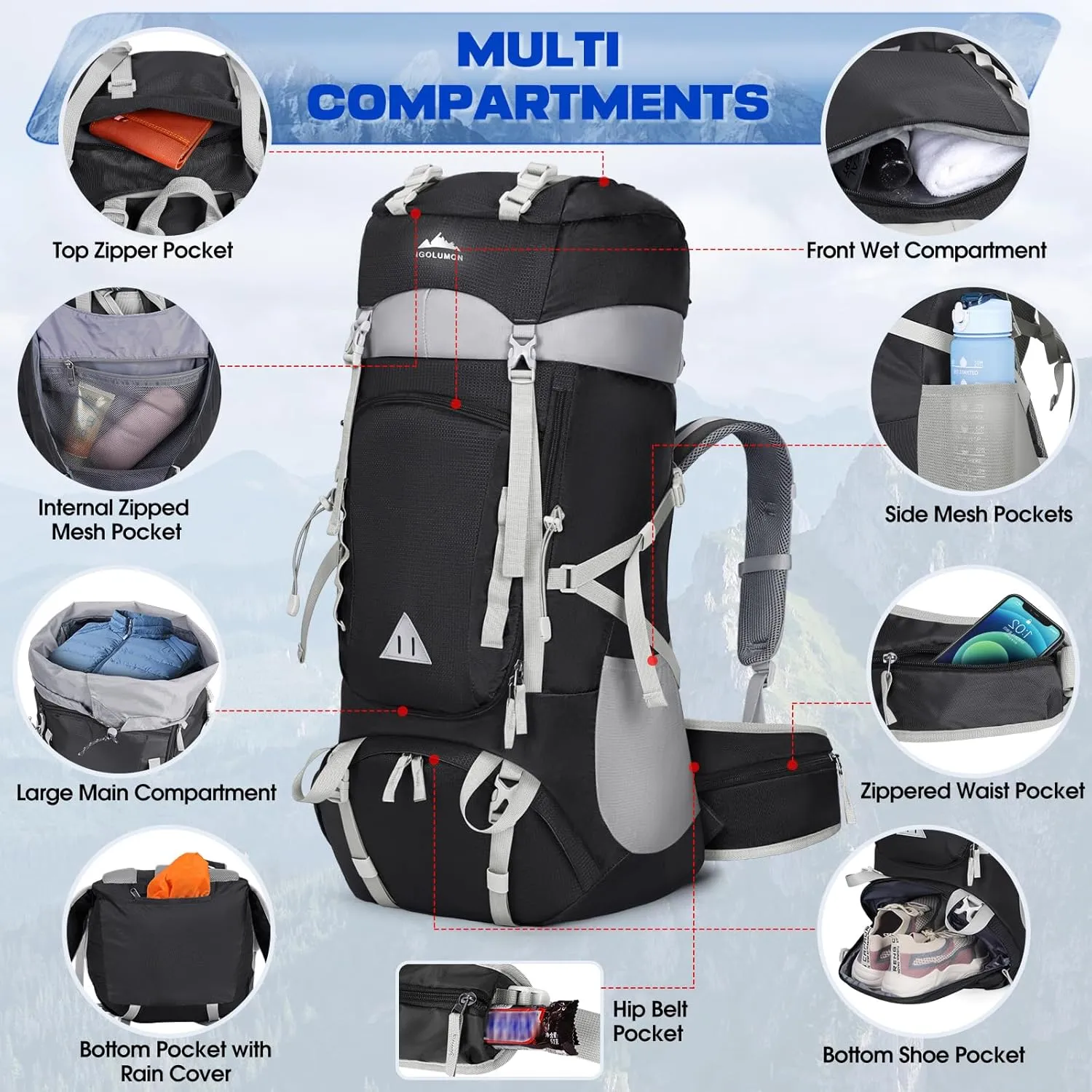 IGOLUMON 60L Hiking Backpack Waterproof Camping Backpack with Rain Cover Large Lightweight Backpacking Backpack for Men Women
