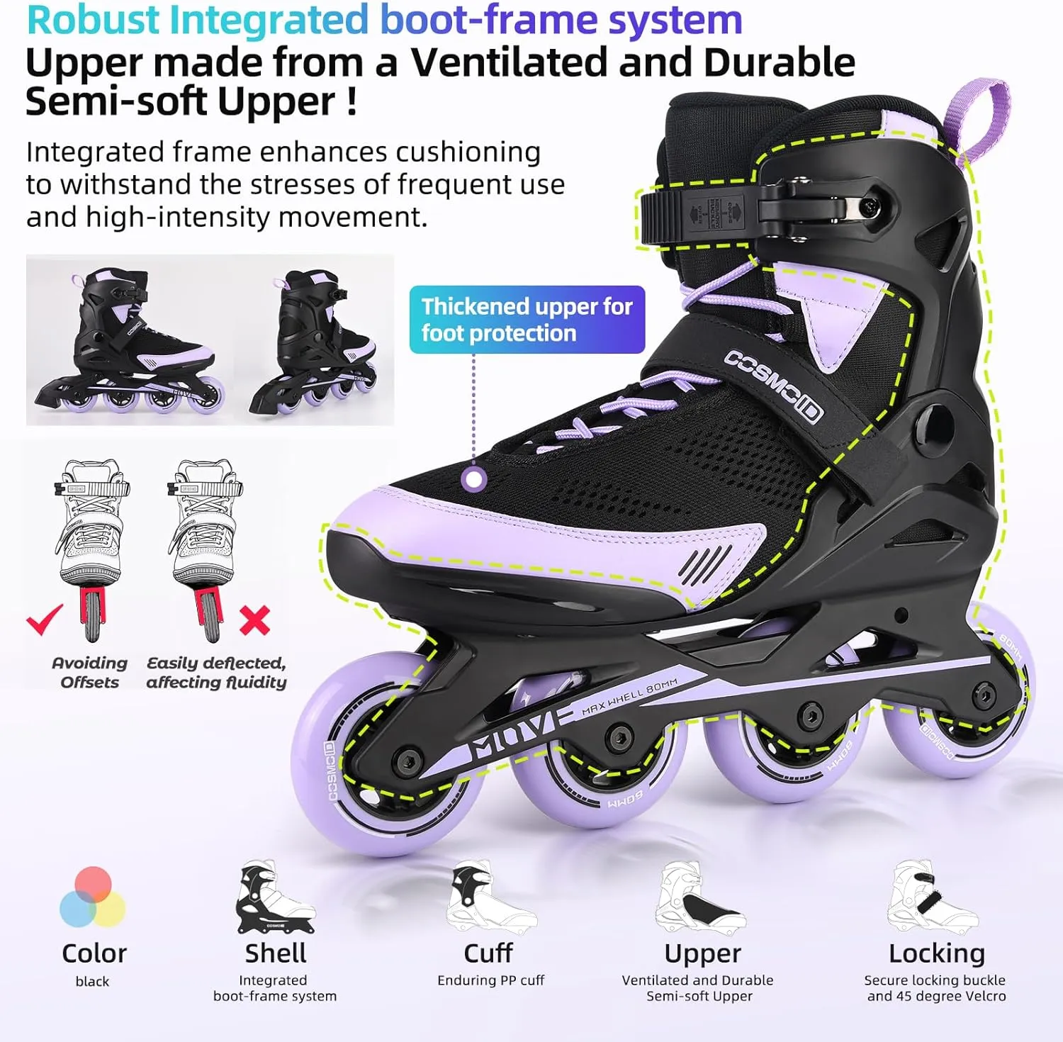 Inline Skate Women Men - COSMOID Move Professional Roller Skates Blades Adult Male Female, Indoor Outdoor and Fitness Black&Purple