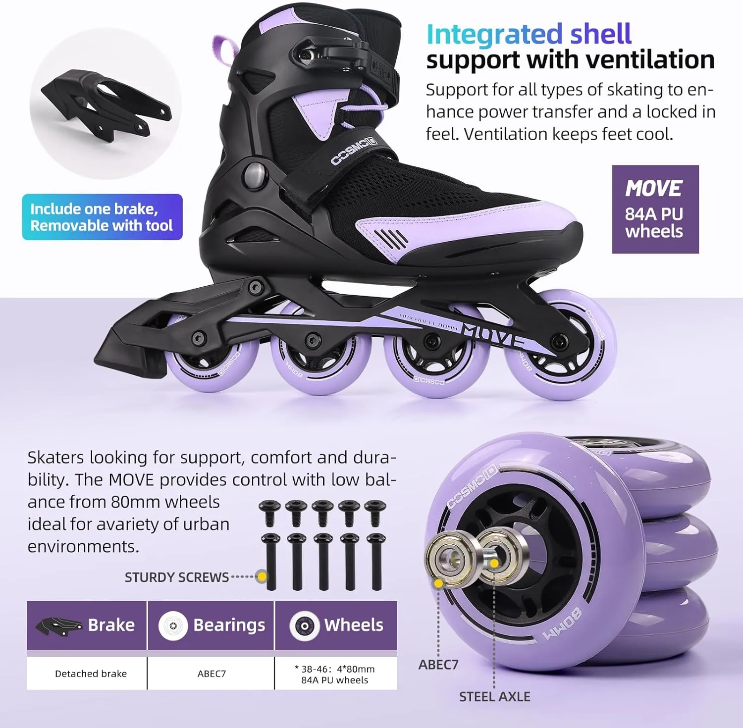 Inline Skate Women Men - COSMOID Move Professional Roller Skates Blades Adult Male Female, Indoor Outdoor and Fitness Black&Purple