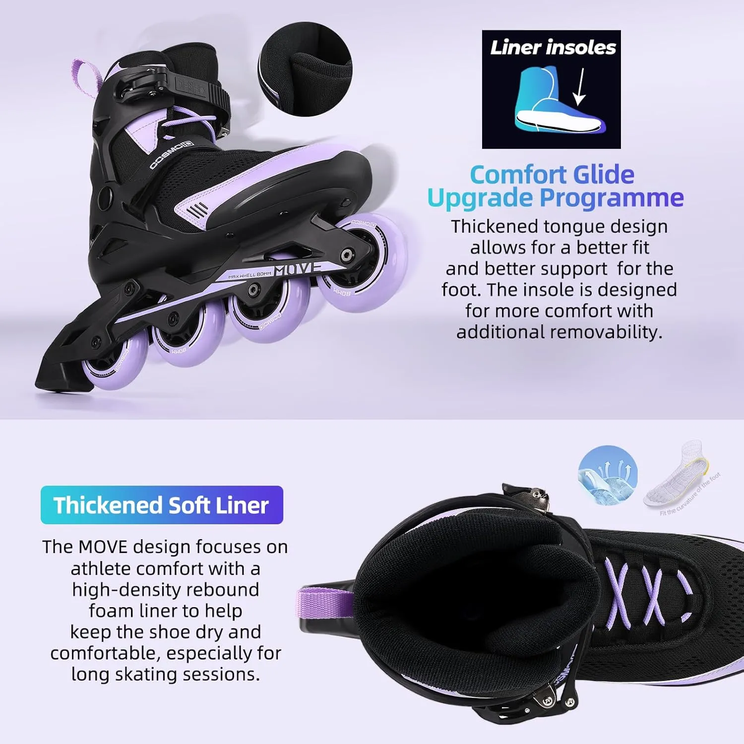 Inline Skate Women Men - COSMOID Move Professional Roller Skates Blades Adult Male Female, Indoor Outdoor and Fitness Black&Purple