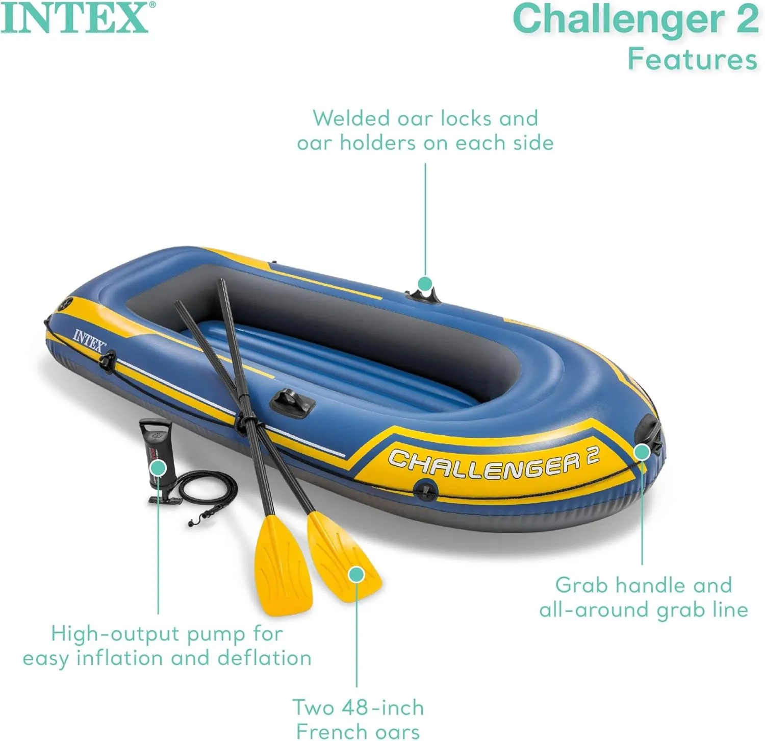 INTEX Challenger Inflatable Boat Series: Includes Deluxe Boat Oars and High-Output Pump  SuperStrong PVC  Triple Air Chambers  Welded Oar Locks  Heavy Duty Grab Handle