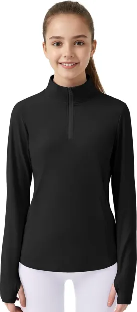 JOCMIC Girls Long Sleeve Shirts Athletic Equestrian Horse Riding Shirt with Pockets Thumhole Half Zip Workout Jacket for Golf