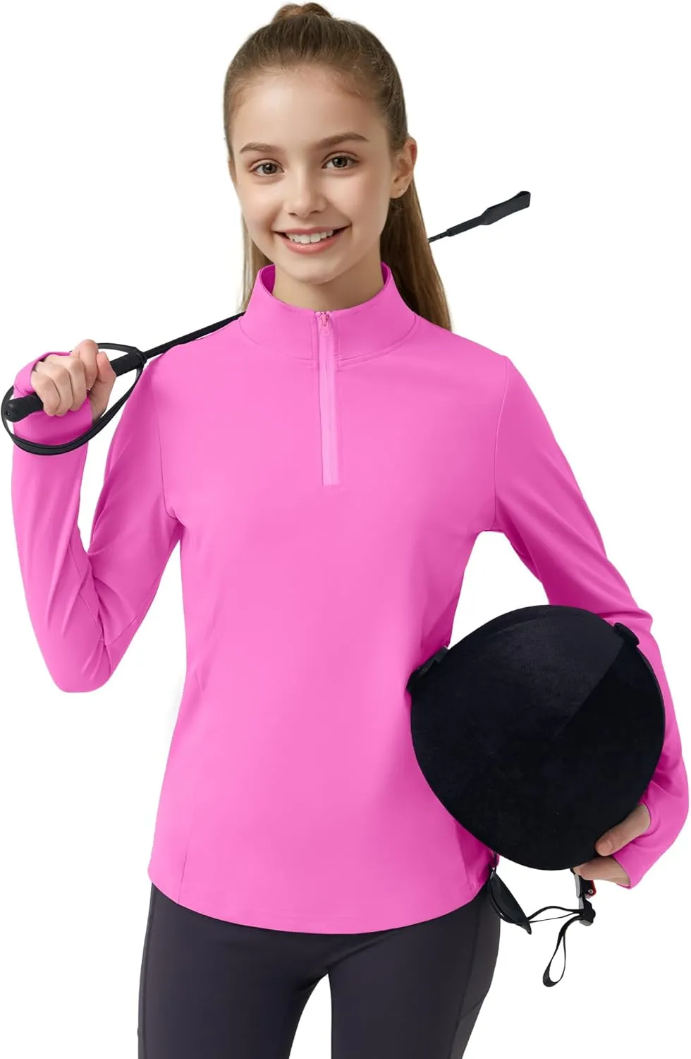 JOCMIC Girls Long Sleeve Shirts Athletic Equestrian Horse Riding Shirt with Pockets Thumhole Half Zip Workout Jacket for Golf
