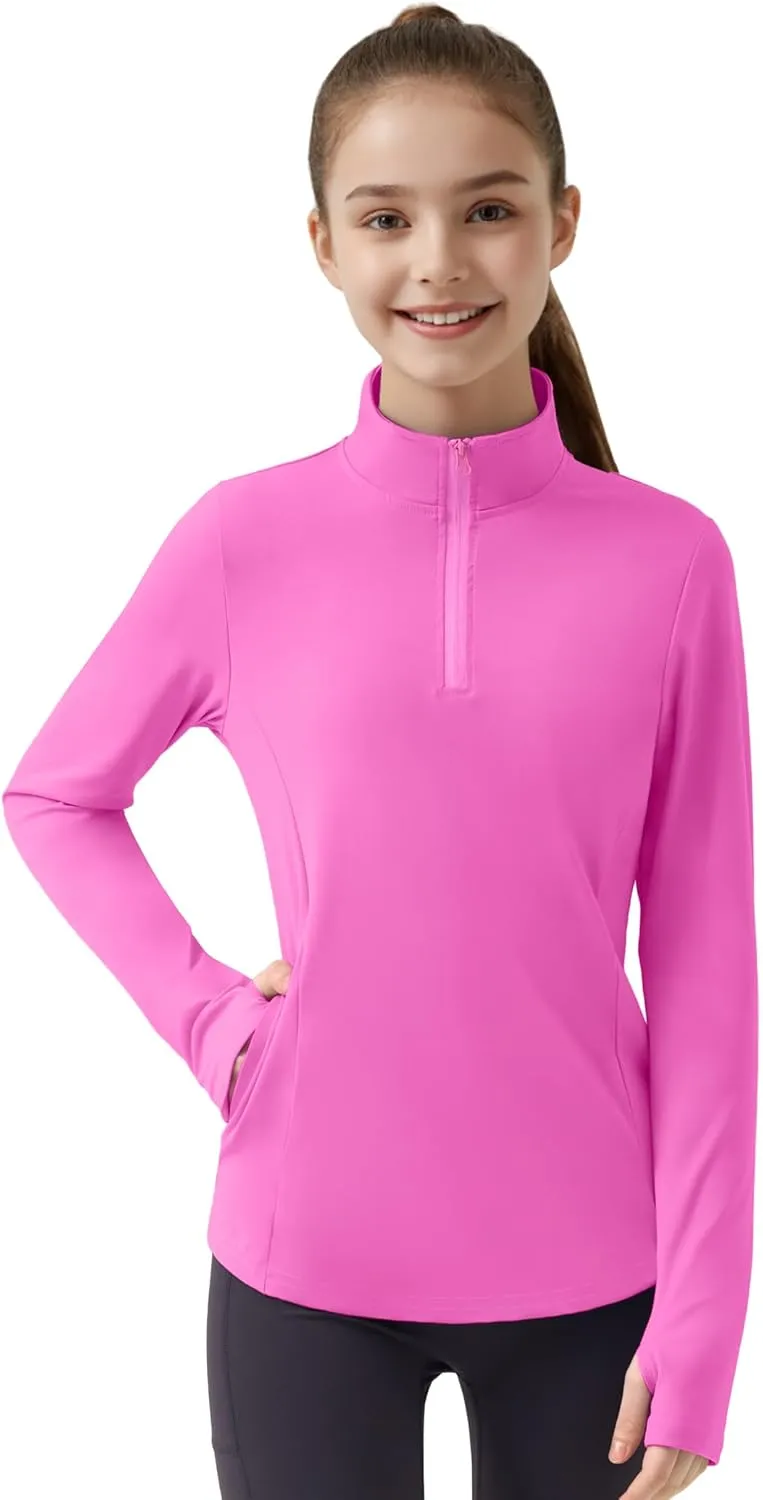 JOCMIC Girls Long Sleeve Shirts Athletic Equestrian Horse Riding Shirt with Pockets Thumhole Half Zip Workout Jacket for Golf