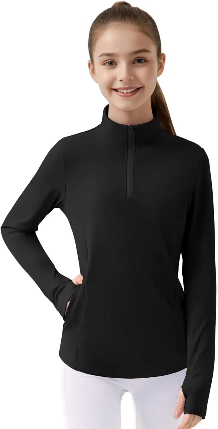 JOCMIC Girls Long Sleeve Shirts Athletic Equestrian Horse Riding Shirt with Pockets Thumhole Half Zip Workout Jacket for Golf