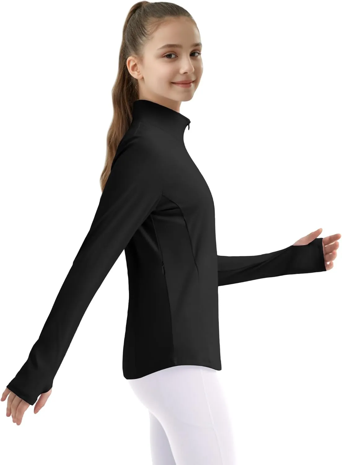 JOCMIC Girls Long Sleeve Shirts Athletic Equestrian Horse Riding Shirt with Pockets Thumhole Half Zip Workout Jacket for Golf