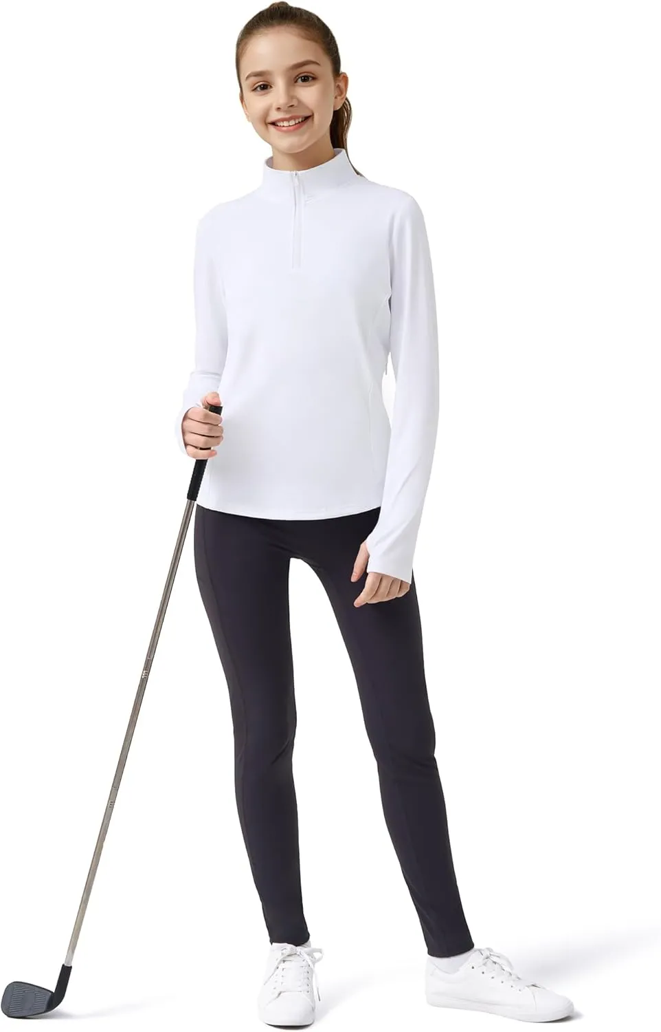 JOCMIC Girls Long Sleeve Shirts Athletic Equestrian Horse Riding Shirt with Pockets Thumhole Half Zip Workout Jacket for Golf