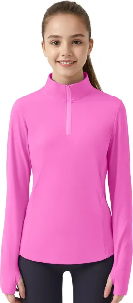 JOCMIC Girls Long Sleeve Shirts Athletic Equestrian Horse Riding Shirt with Pockets Thumhole Half Zip Workout Jacket for Golf