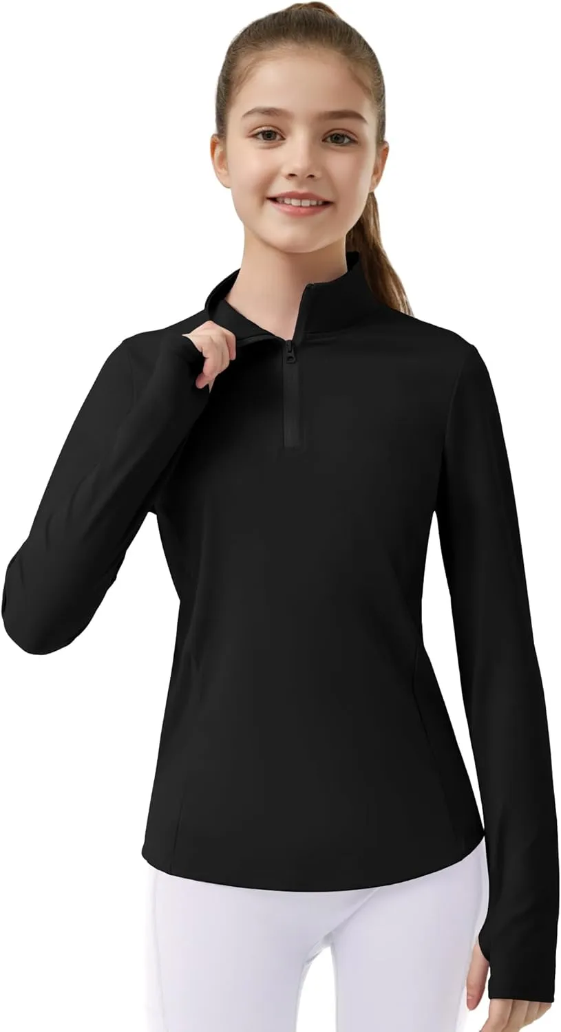 JOCMIC Girls Long Sleeve Shirts Athletic Equestrian Horse Riding Shirt with Pockets Thumhole Half Zip Workout Jacket for Golf