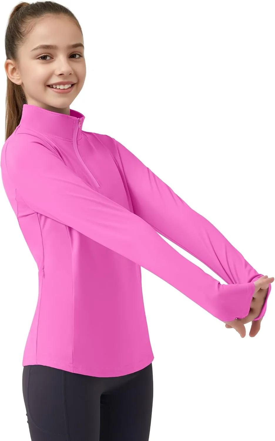 JOCMIC Girls Long Sleeve Shirts Athletic Equestrian Horse Riding Shirt with Pockets Thumhole Half Zip Workout Jacket for Golf