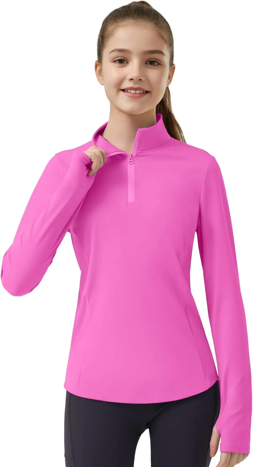 JOCMIC Girls Long Sleeve Shirts Athletic Equestrian Horse Riding Shirt with Pockets Thumhole Half Zip Workout Jacket for Golf